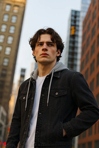 DAMGA JEANS Palton negru cu glugă pentru bărbați de tranziție