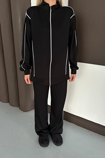 moda poni Women's Black Modal Fabric Oversized Tracksuit Set