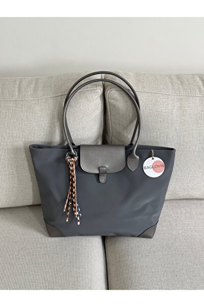 BAGLOVİS Charm Detailled Large Size Gray Tote Bag En40 Boy30