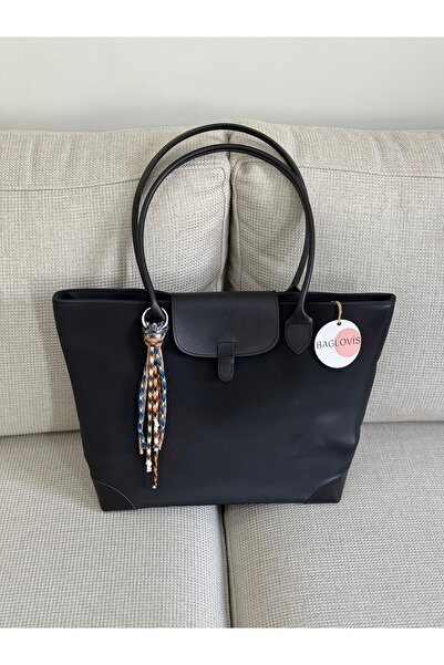 BAGLOVİS Charm Detailled Large Size Black Tote Bag En40 Boy30
