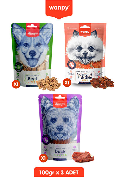 Wanpy 3lü Köpek Ödülü Seti - Dana Ciğeri, Somon Dilimleri ve Ördek Fileto Köp...
