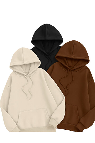 MARKATEM Φούτερ με κουκούλα και τσέπη καγκουρό Φούτερ με κουκούλα από βαμβακερό χτενισμένο βαμβάκι 3 κλωστών εκρού -μαύρο-καφέ