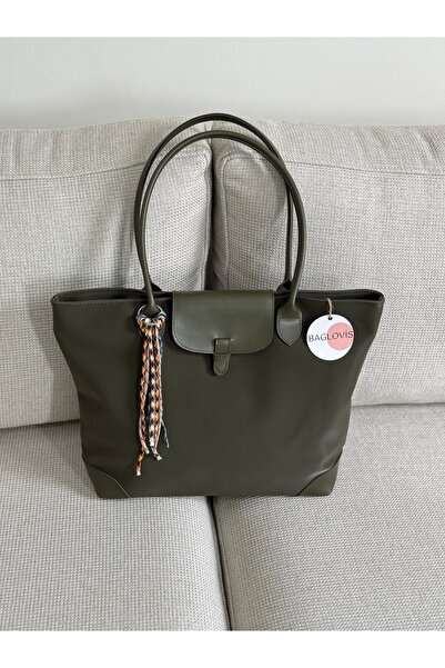 BAGLOVİS Charm Detailled Large Size Khaki Tote Bag En40 Boy30