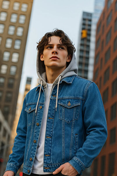 DAMGA JEANS Palton de blugi albastru cu glugă de tranziție pentru bărbați