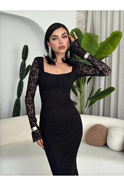 Masspera Kare Yaka Uzun Kollu Porter Midi Dantel Elbise