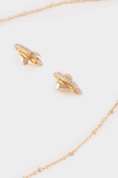 DeFacto Women's Heart Detailed Stone Gold Necklace Earring Set F7725Axns