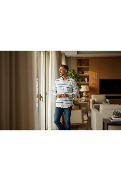 EREN STYLE Classic 100% Cotton Long Sleeve Anti-Sweat Winter 2-Color Striped Shirt (Regular Fit)