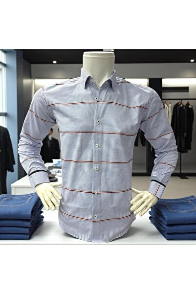 EREN STYLE Classic 100% Cotton Long Sleeve Anti-Sweat Winter 2-Color Striped Shirt (Regular Fit)