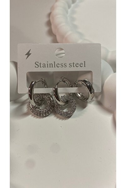 stainless steell Çelik Silver Üçlü Set Küpe