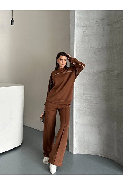 ALLEYTA Women's piped Wide Leg Pants Sweat Two-Piece Set