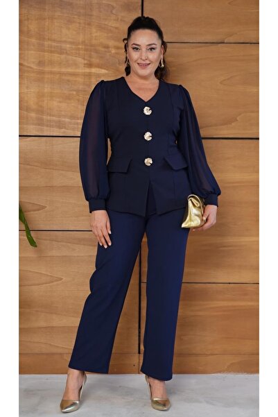 Butik Nilyam Жіночий великий розмір V-подібний виріз Шифон Рукав Брошка Деталізована блузка Штани Вечірній костюм 25064