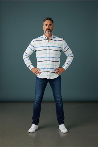 EREN STYLE Classic 100% Cotton Long Sleeve Anti-Sweat Winter 2-Color Striped Shirt (Regular Fit)