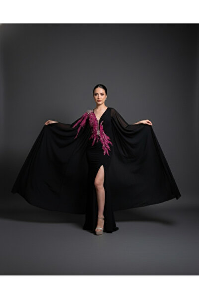 ROJBEY KADIN TAŞ İŞLEME DETAYLI PELERİN KOLLU UZUN ELBİSE