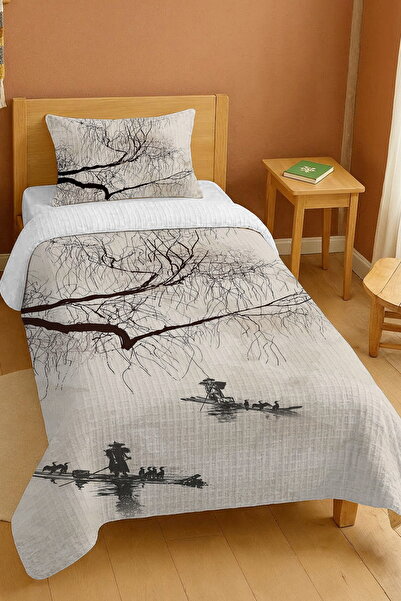 EVPANYA طقم بيكيه فردي بنمط شجرة القلم الأسود والصنادل مصنوع من القطن بنسبة 100%