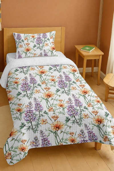 EVPANYA 100% Cotton Lavender and Peach Blossoms Patterned Single Pike Set