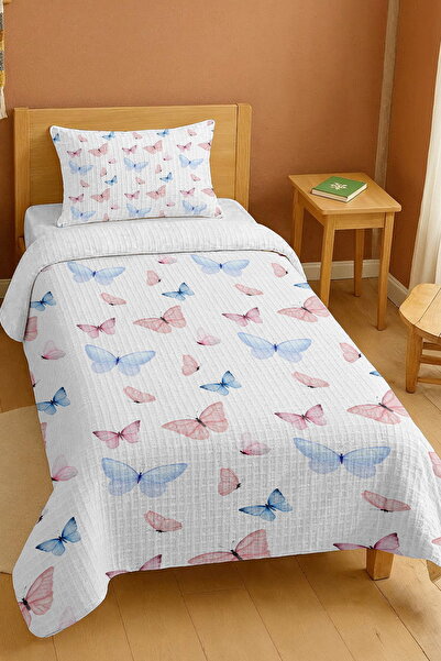 EVPANYA طقم بيكيه فردي منقوش عليه فراشات زرقاء وردية مصنوع من القطن بنسبة 100%