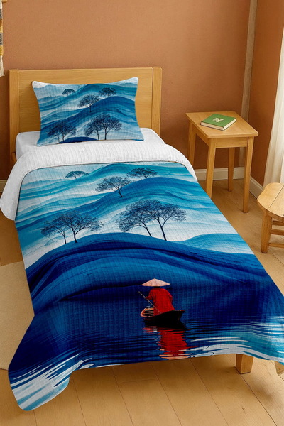 EVPANYA طقم بيكيه فردي بنمط أمواج هادئة مصنوع من القطن بنسبة 100%