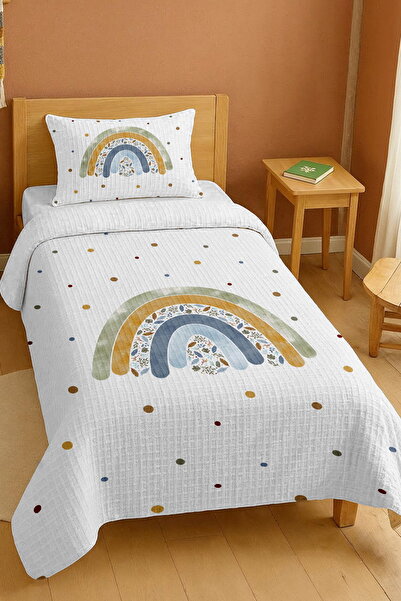 EVPANYA 100% Cotton Green Flower Rainbow Patterned Single Bedspread Set
