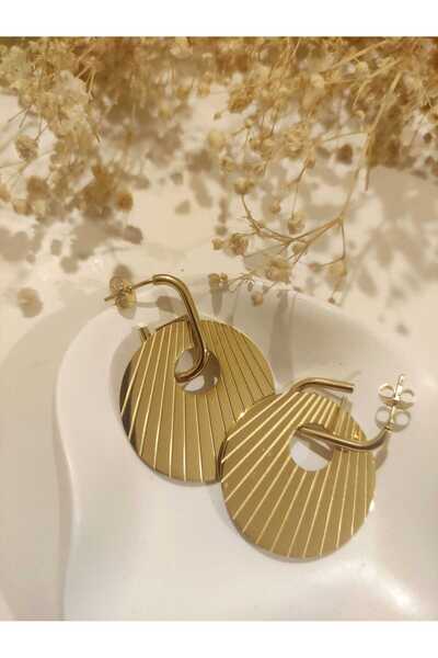 MoS JEWELLERY Gold Çizgi Detaylı Büyük Halka Küpe – Paslanmaz Çelik Modern ve...