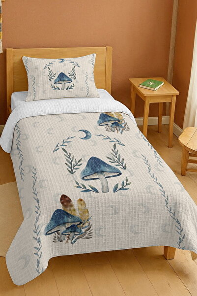 EVPANYA طقم بيكيه فردي منقوش بالفطر السحري باللون الأزرق الداكن مصنوع من القطن بنسبة 100%