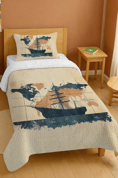 EVPANYA 100% Cotton Single Pique Set with Ship Pattern on the Map
