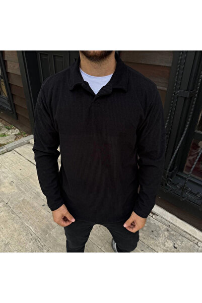 buğrahayalin Men's Corded Fabric Fleece Sweatshirt – Buttonless Polo Collar, Oversized Comfortable Fit, Thick Fleece