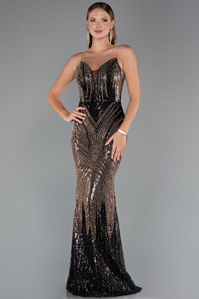 Abiyefon Siyah Straplez Uzun Pullu Özel Tasarım Balık Abiye ABU5112