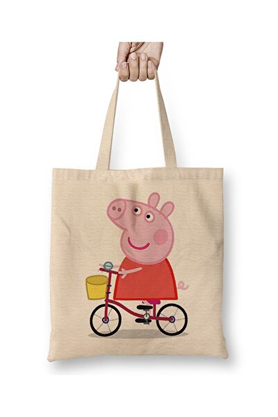 Toyaso Peppa Pig White Tote Bag with Bicycle Long Handle Shopping Bag Beach Bag