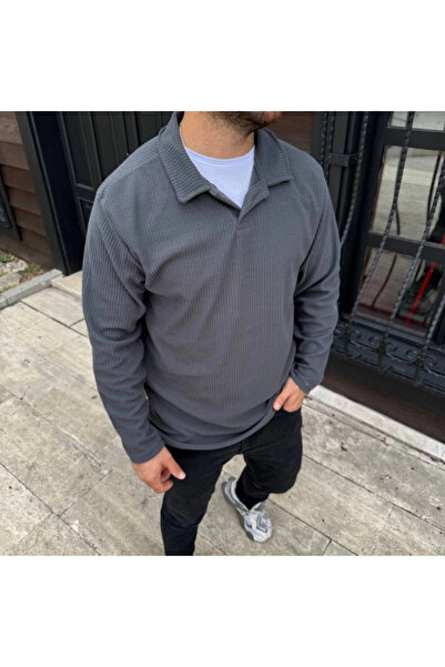 JANES Men's Corded Fabric Fleece Sweatshirt – Buttonless Polo Collar, Oversized Comfortable Fit, Thick Fleece Fabric,