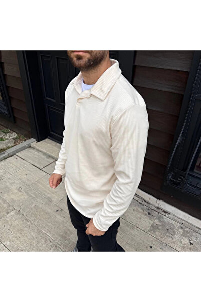 buğrahayalin Men's Corded Fabric Fleece Sweatshirt – Buttonless Polo Collar, Oversized Comfortable Fit, Thick Fleece