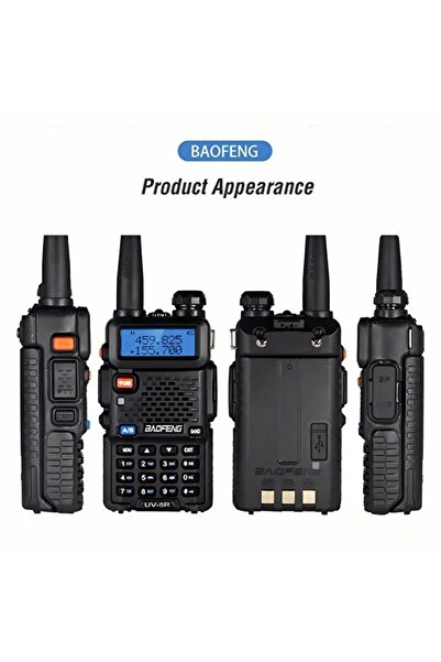BAOFENG Two handheld walkie-talkies with LED lights, UV-5R two-way radio, dual-band communication.