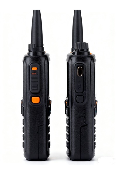 BAOFENG Two UV-5R handheld walkie-talkies, long-range two-way communication, rechargeable.