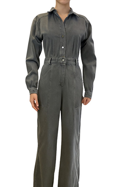 Qualia Butik Kadın Denim Düğme Detaylı Tulum