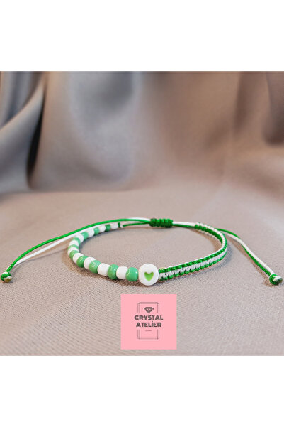 Crystal Atelier Bursaspor Heart Bead Fan Macrame Bracelet – Unisex Green White Handmade Adjustable Jewelry