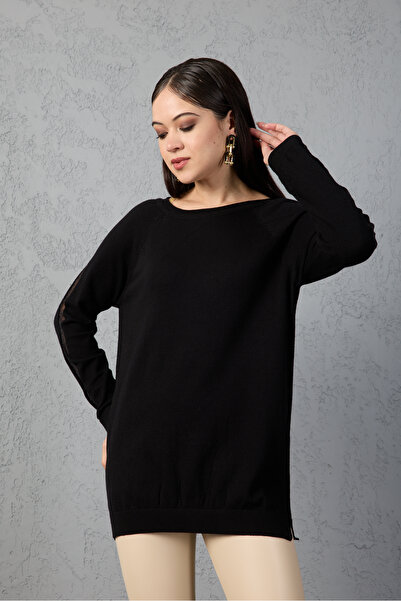 Moda Days Bluză de tricotat cu mâneci raglan negre pentru femei, cu detaliu argintiu, cu gât rotund