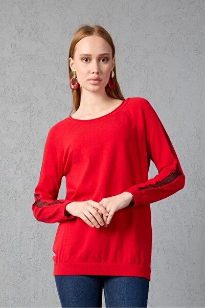 Moda Days Women's Red Raglan Sleeve Glitter Detailed Round Neck Knitwear Blouse