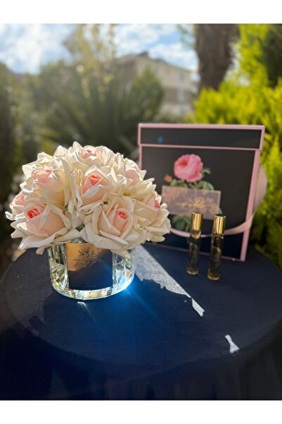 ARZBELLA MISSFLORA 15 GÜLLÜ KRİSTAL CAM BEYAZ PUDRA YAPAY ISLAK GÜL GERÇEĞE Y...