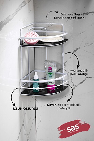 Sas Haus 2-Tier Adhesive Bathroom Corner Shelf – Adjustable Crystal Shelf (Stick-On/Screw-On) White-Black