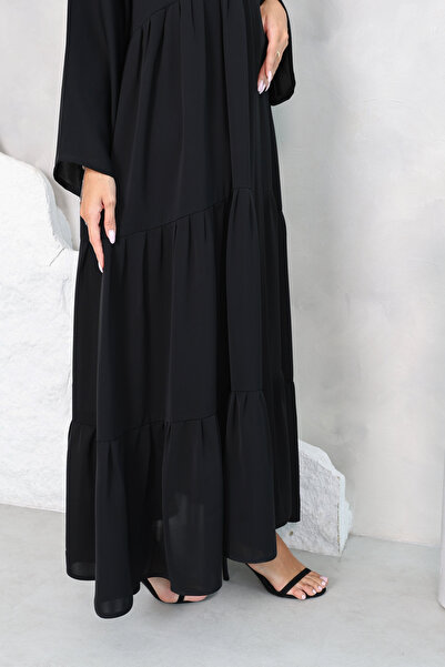 SAI ABAYA Premium Korean Nida Elegant Black Flowy Layered Abaya for Women Modest Maxi Dress
