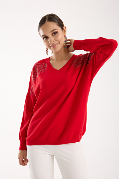 Moda Days Women's Red Shoulder Detail V-Neck Knitwear Blouse