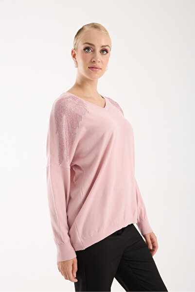 Clothes Fast Women's Powder Shoulders Stone Detailed V-Neck Knitwear Blouse