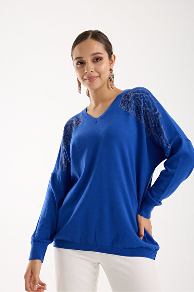 Clothes Fast Women's Cobalt Blue Shoulder Stone Detailed V-Neck Knitwear Blouse