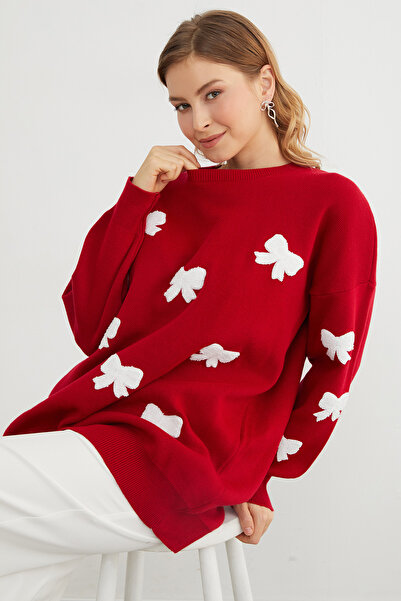 Fulla Moda Ribbon Embroidered Crew Neck Oversize Knit Sweater