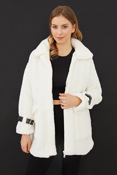 Fulla Moda Palton de pluș cu buzunare duble și mâneci cu cataramă