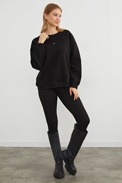 Fulla Moda 3 Thread Stone Heart Detailed Oversize Sweatshirt