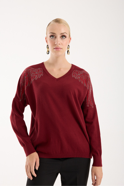 Clothes Fast Women's Burgundy Shoulder Stone Detailed V-Neck Knitwear Blouse
