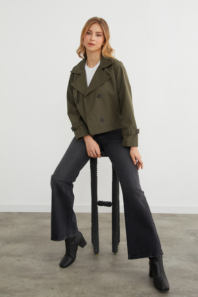 Fulla Moda Basic Buttoned Double-Breasted Collar Trench Coat