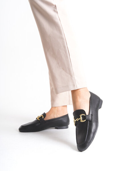 senzora Women's Loafer Ballet Flats with Buckle Black Leather