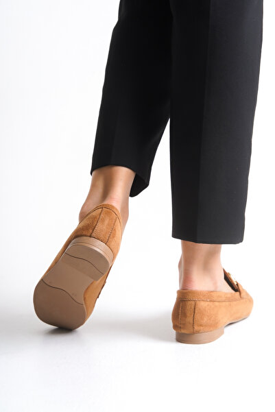 senzora Women's Loafer Ballet Flats with Buckle, Brown Suede