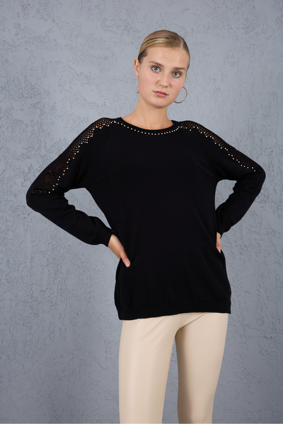 Moda Days Bluză tricotată neagră pentru femei, cu mâneci raglan, cu decolteu rotund, cu detalii de perle tricotaj cu aspect dantelat